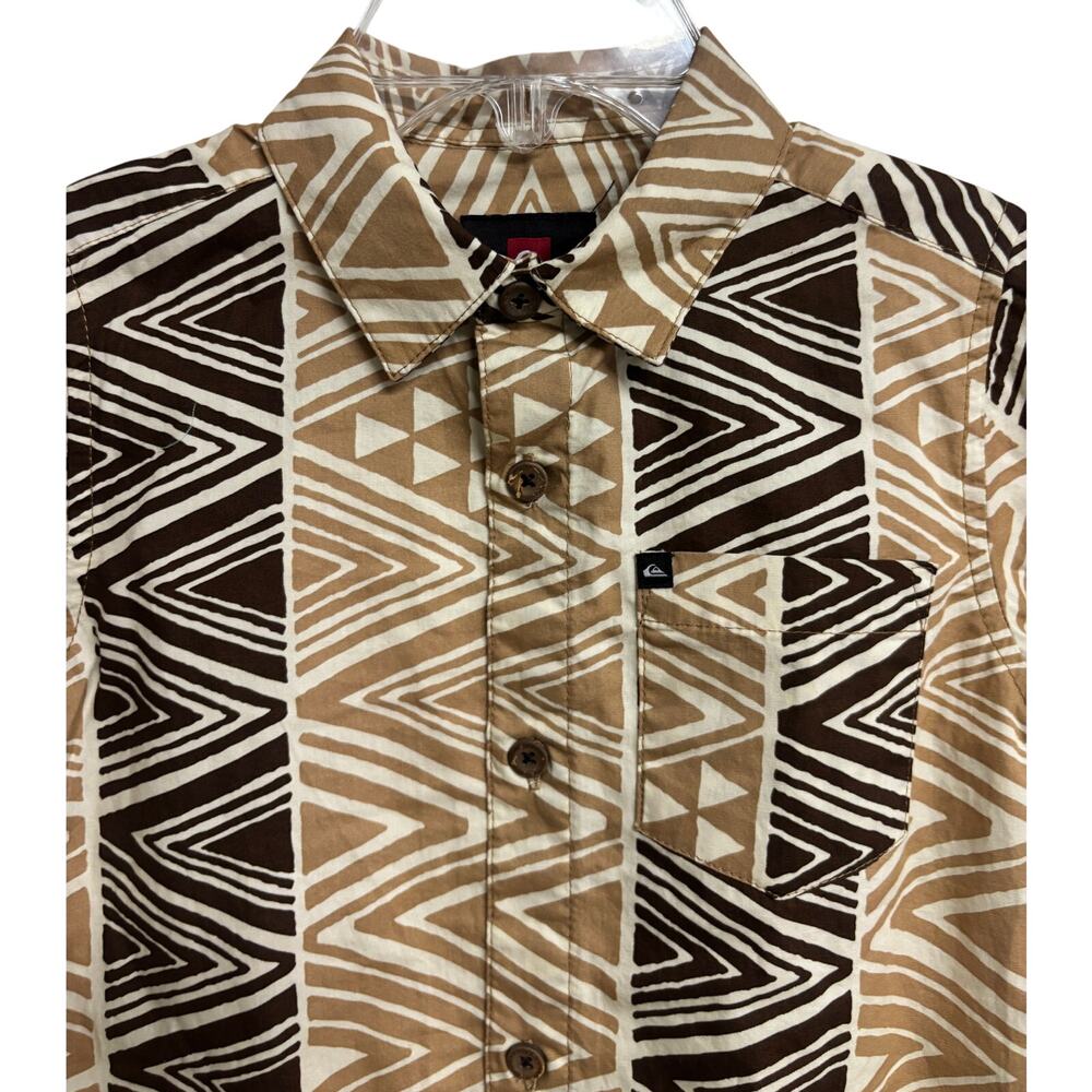 Quiksilver Boys Button Shirt Tribal Geometric Brown Tan Short Sleeve Size 5 New - Picture 2 of 8